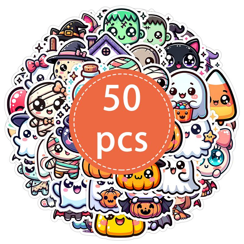 

50PCS Halloween Stickers Cute Cartoon Cat Pumpkin Halloween Themed Stickers Fun Holiday Decals Pack Vinyl Waterproof Scrapbook