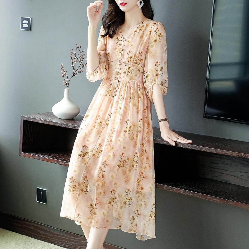 Fairy Pink Floral Short-Sleeve Mulberry Silk Dress - Seaside Holiday Long Skirt