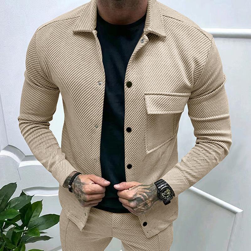 Autumn Casual Heavyweight Twill Lapel Long-sleeved Top European and American Single-breasted Men's Solid Color Slim-fit Jacket