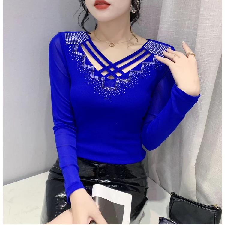 Streetwear Women's Clothes T-Shirt Spring Autumn High Quality Hot Diamonds Long Sleeve Tops Ladies Sexy V-Collar Mesh Tees