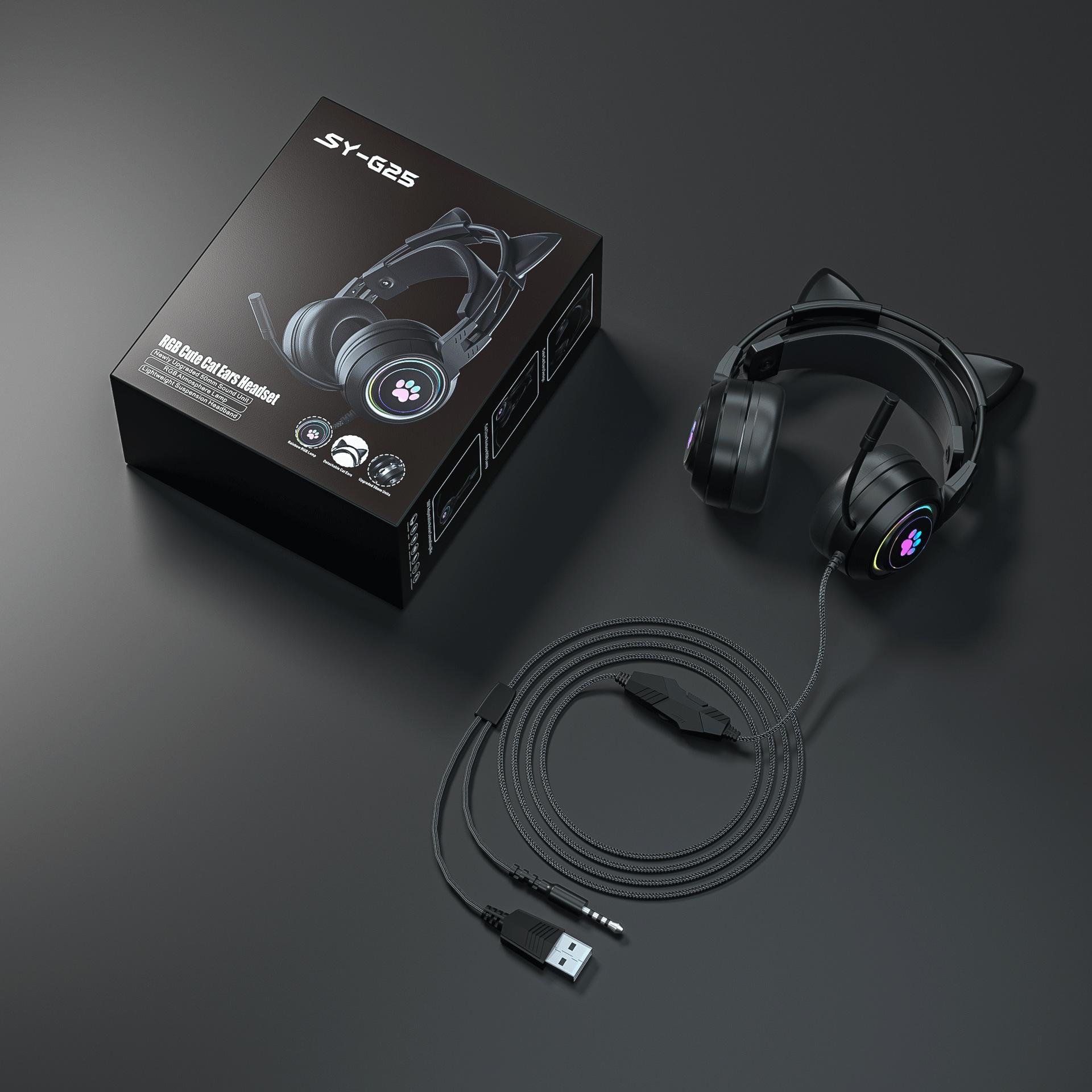 

QUEED Cat Ears Light Up Игровой ПК Гарнитура Проводная гарнитура Игровая гарнитура