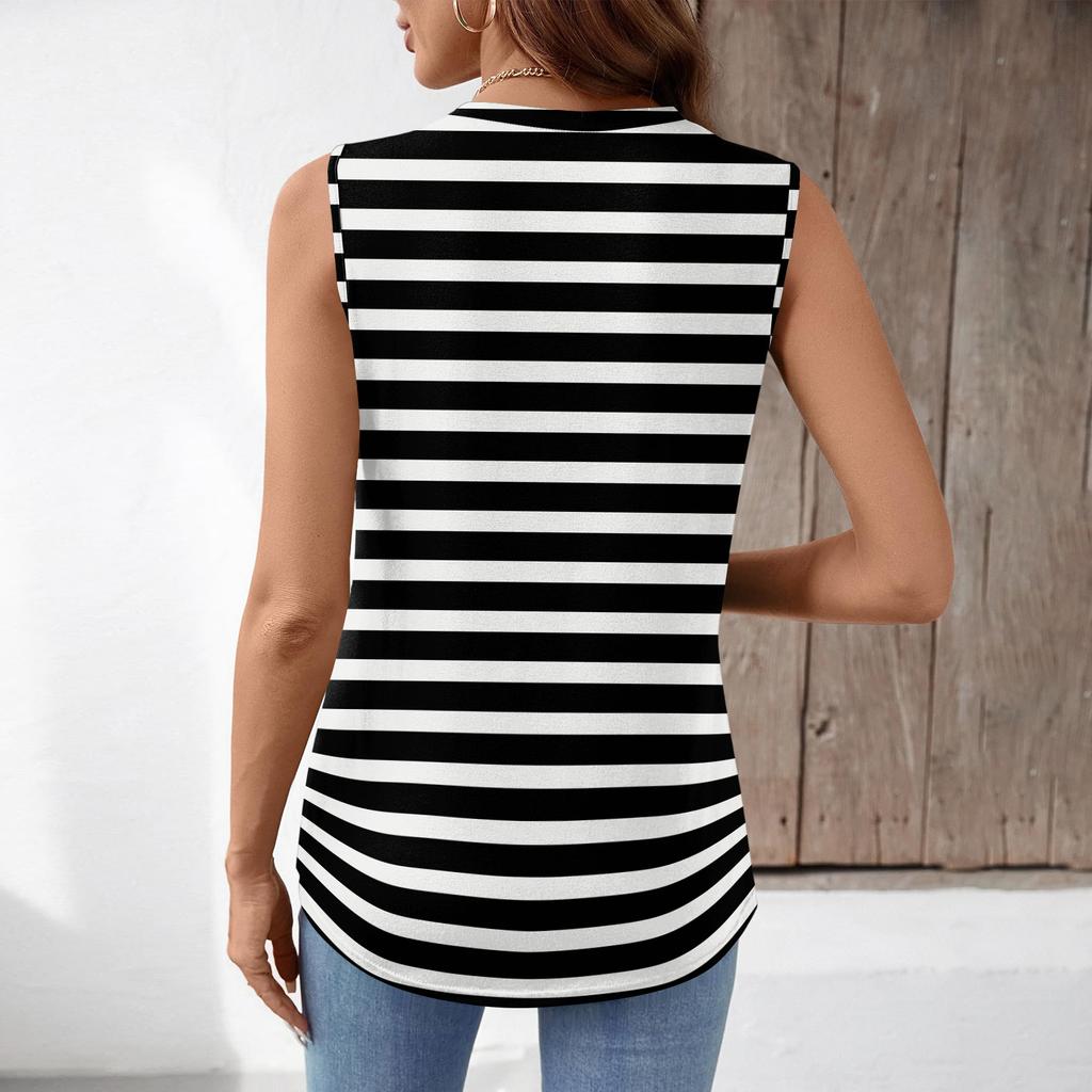 Women Sleeveless V Neck Tank Top Loose Fit Striped Pleated Design Casual Summer Blouse Lightweight Soft Fabric