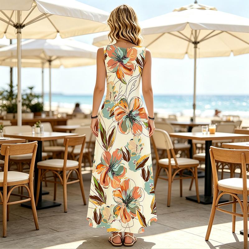 Ladies Floral Sleeveless Maxi Dress,Lightweight & Flowy,Colorful,Stylish & Comfort for Vacation,Travel & Photo Shooting
