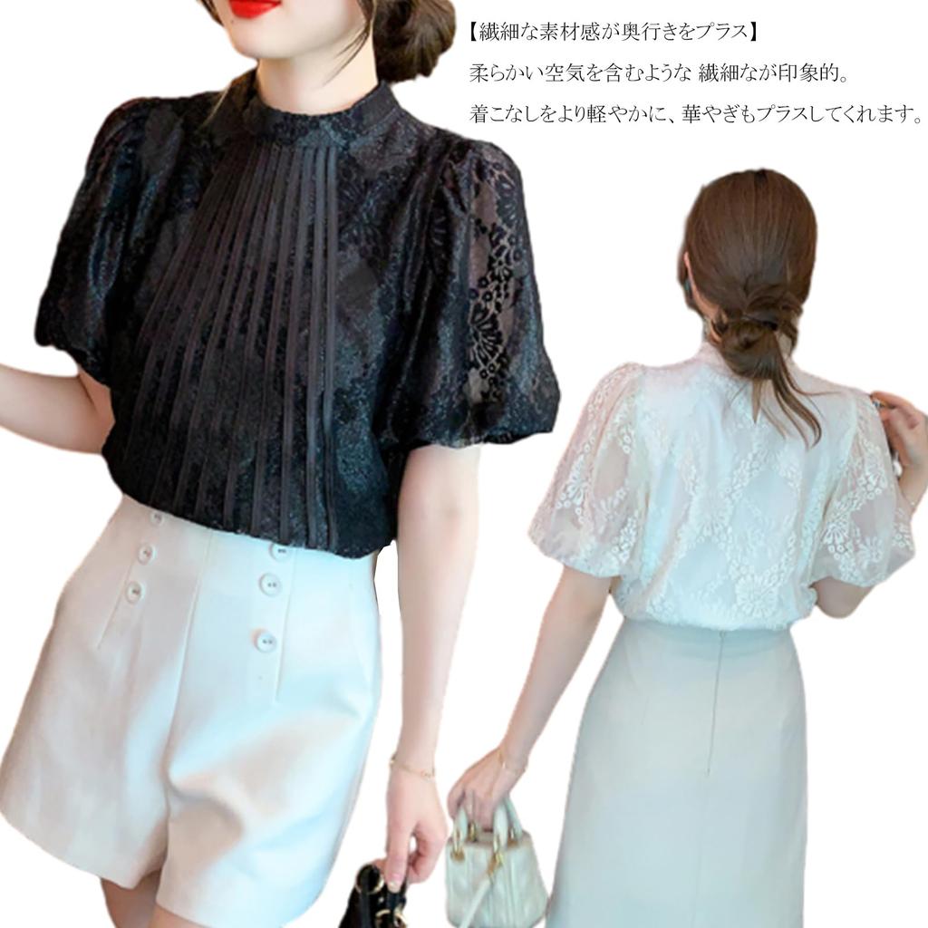 Lace Puff Sleeve Floral Short Body Loose [CCGGOWMM] Women's Blouse, Shirt, T-Shirt, Print, Top, Lined, Sleeve, Stylish, Slimming, Covering, Slimming,