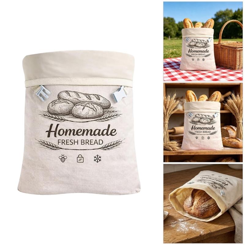 Washable Bread Storage Bag Cotton Outer Bag with Side Clip Closure for Countertop and Freezer Family Loaf Storage