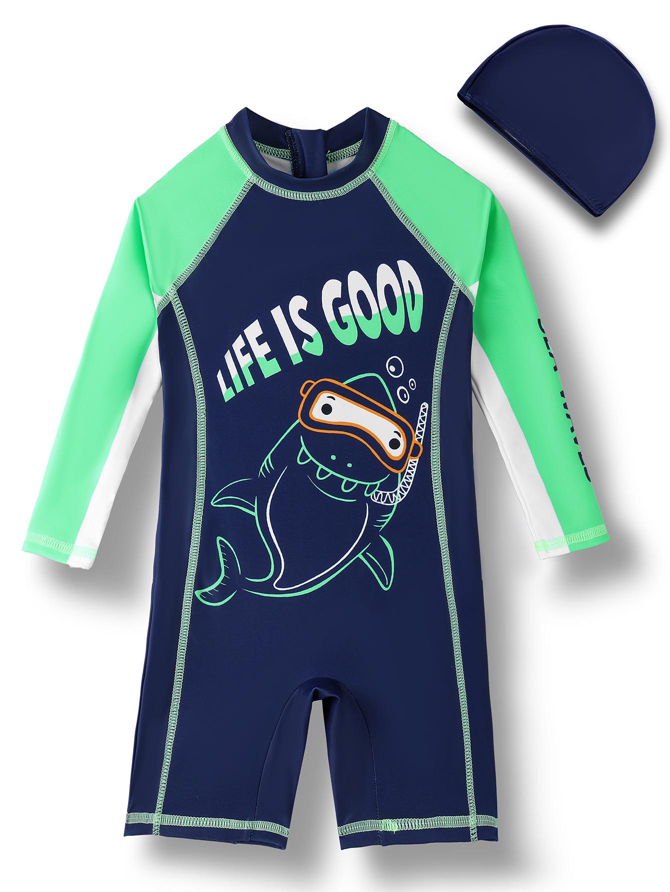 

Детский купальник с длинным рукавом, с мультяшной акулой, цельный, с защитой от солнца - Лето 2025 6 Years темно-синий