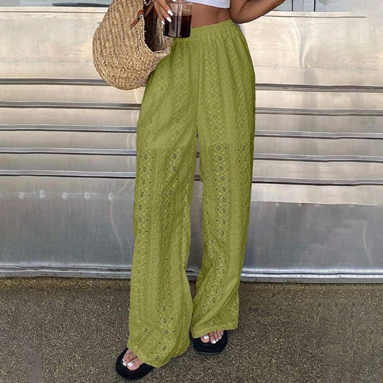 Women s Color Hollow Embroidered Casual Elastic Waist Pants XXL