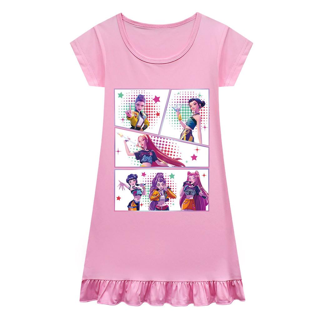 Kids Girls Anime Cartoon K-POP Rumi Zoey Mira Print Pleat Short Sleeve Casual Round Neck Dress