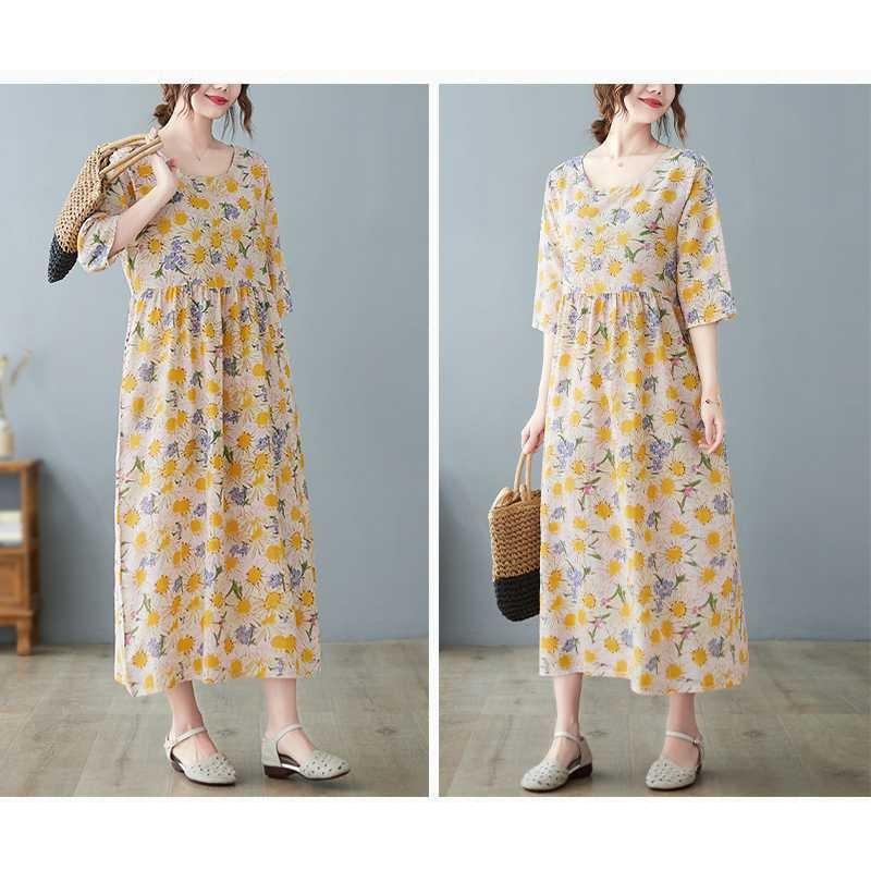 Lato Nowość Literacki Duży Rozmiar Luźny Cienki Okrągły Dekolt Rękaw Pięciominutowy Sukienki Damskie Odmładzające