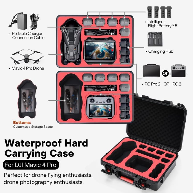 DJI Mavic 4 Pro Dedicated Storage Case, Waterproof Hard CaseCarrying Case for DJI RC2RC Pro 2 Transmitter, Mavic 4 Pro Accessories, Full Protection,