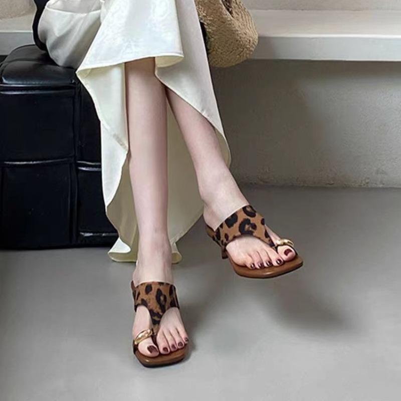 Fashion 2025 Fashion Metal Women Heels Slippers Sandals Shoes Female Flip Flops Footwear Square Toe Ladies Heeled Slippers Shoes