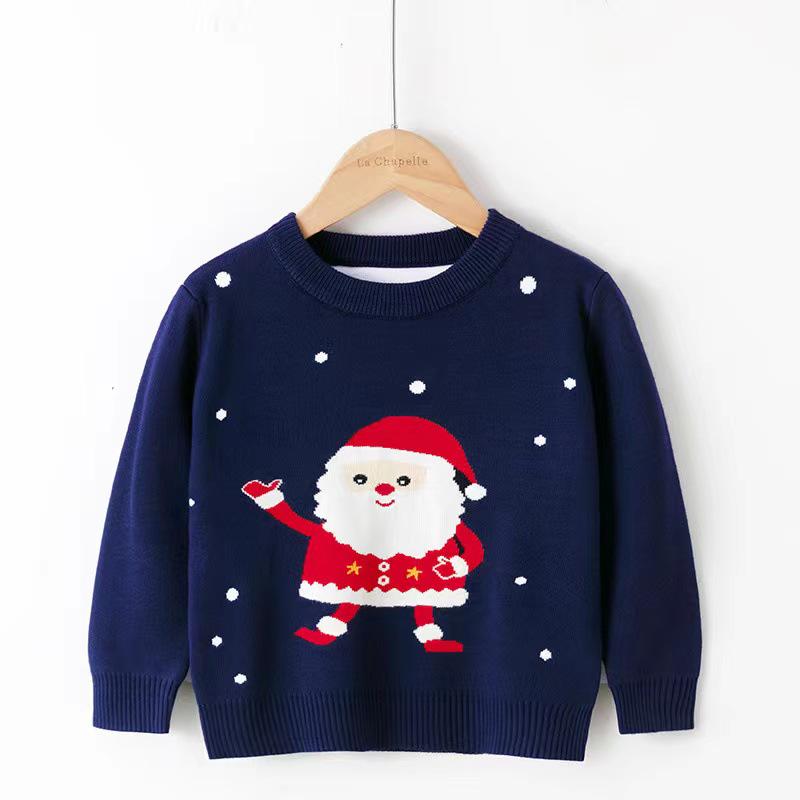 Christmas Kids' Sweater with Cartoon Sleigh, Reindeer & Santa Claus, Pullover Design, Long Sleeve