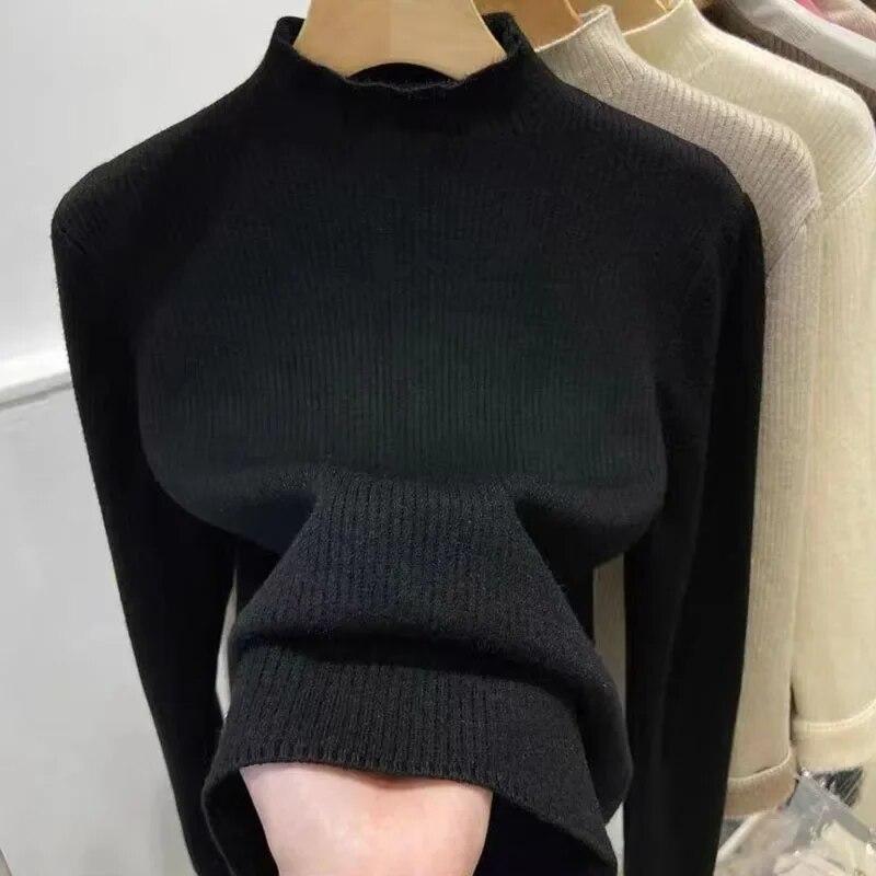 Plush Thicken Knitwear Women's Half High Neck Sweater Slim Top Warm Base Shirt Commuting Simple Casual Autumn Winter Pull Jumper