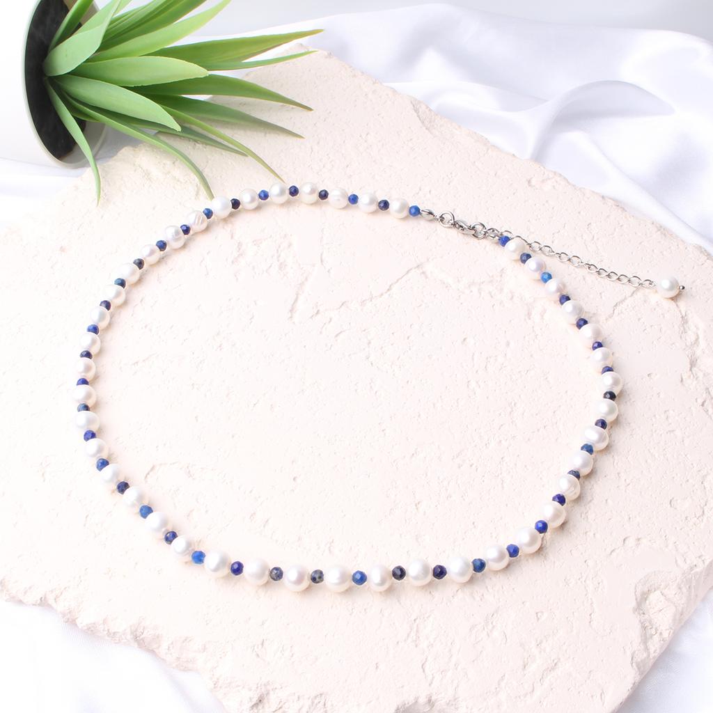 Bien Vetu 6Mm Freshwater Pearl Lapis Lazuli Ping Pong Necklace