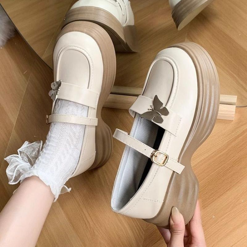2025 Autumn New Thick Heel Platform Retro College Style Jk Shoes Mary Jane Shoes Milk White Butterfly Small Leather Shoes Women