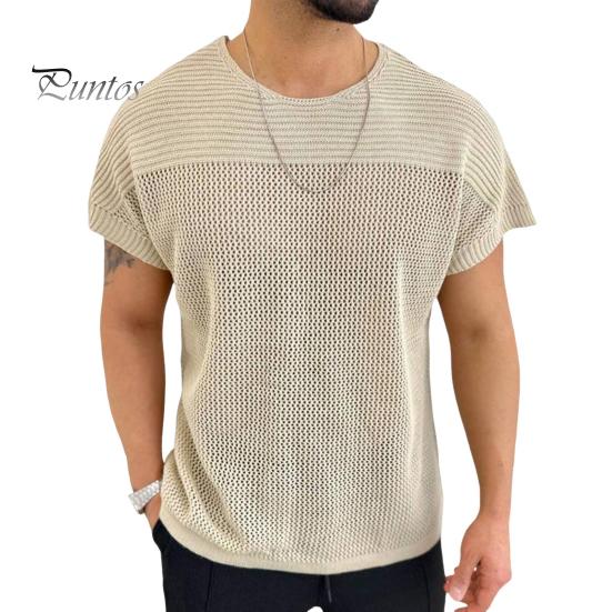 

Мужские топы с круглым вырезом и коротким рукавом, однотонная футболка с вышивкой, трикотажные топы с сетчатым узором M хаки