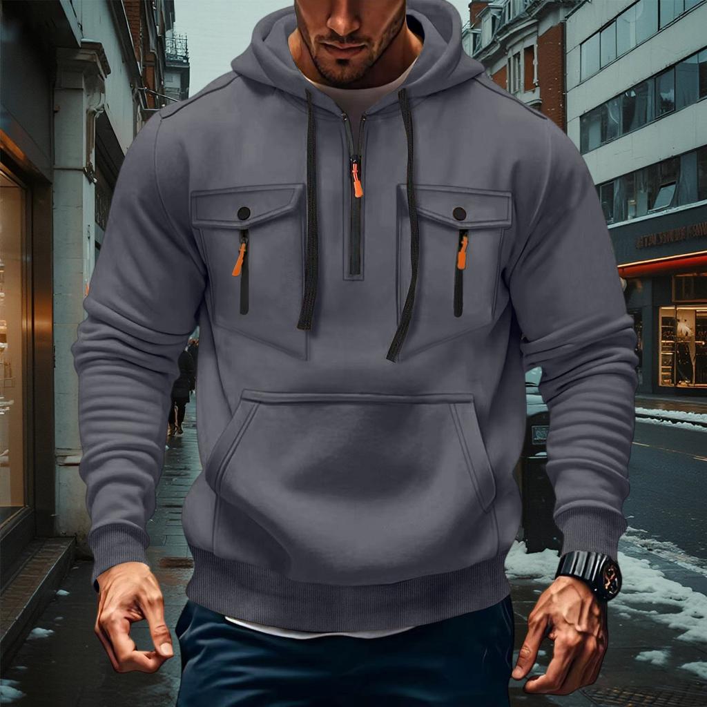 Men's Military Cargo Hoodies, Casual Quarter Zipper Pullover Tops With Multi Pockets