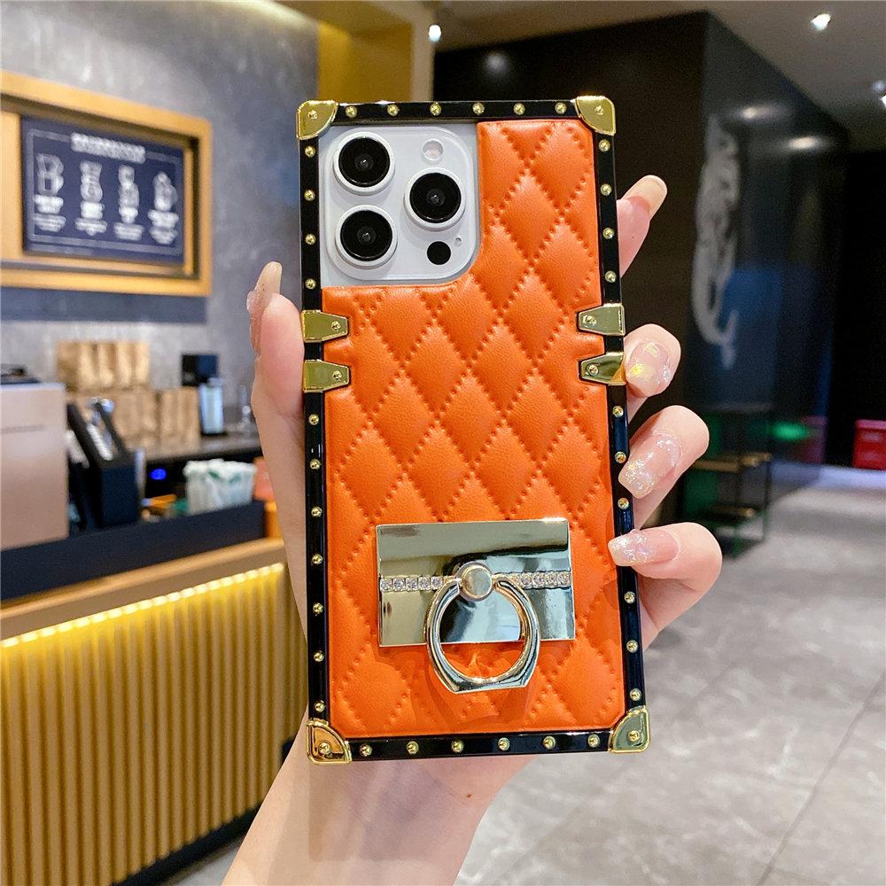 Modische rautenförmige Leder-Handyhülle mit Goldplattierung für iPhone 16 15 Pro Max 14 Plus 13 12 11 XR Hülle mit Ringhalter