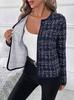 Women's Long Sleeve Cardigan Round Neck Elegant Tweed Jacket Houndstooth Pattern Casual Outerwear Fall Coat