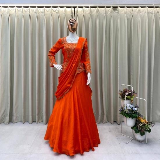Radiant Orange Embroidered Indo-Western Lehenga Set FREE SIZE