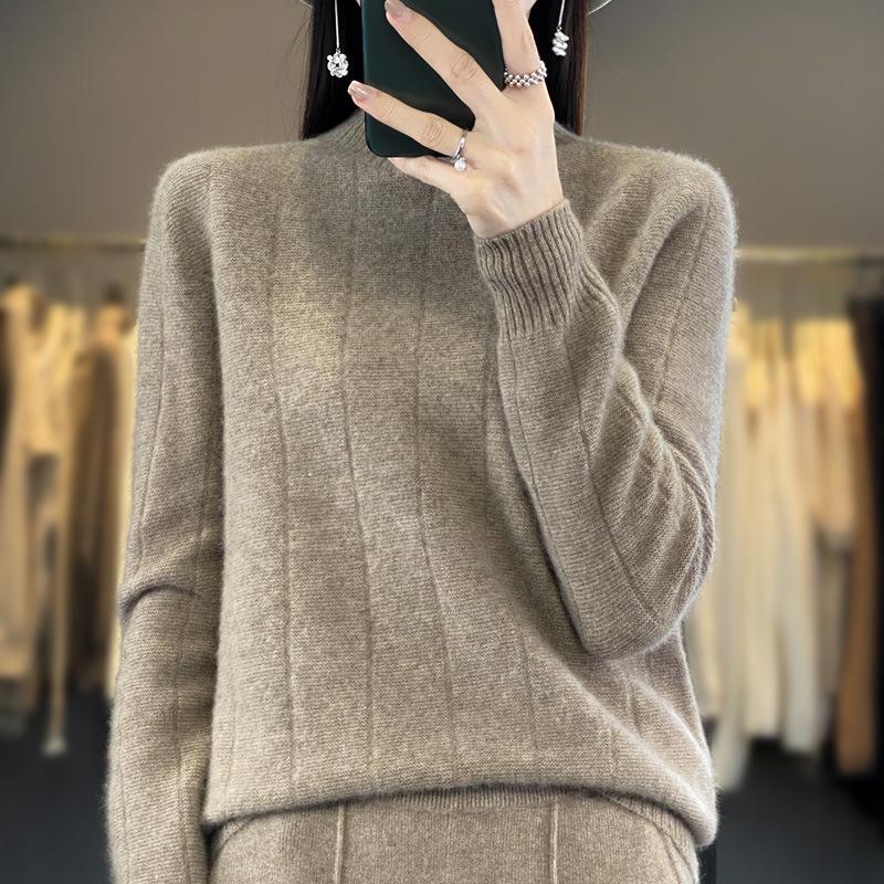 2023 Women's Pure Wool Round-Neck Sweater - Solid Color, Vertical Stripe, Commuter Style, Knitted for Warmth