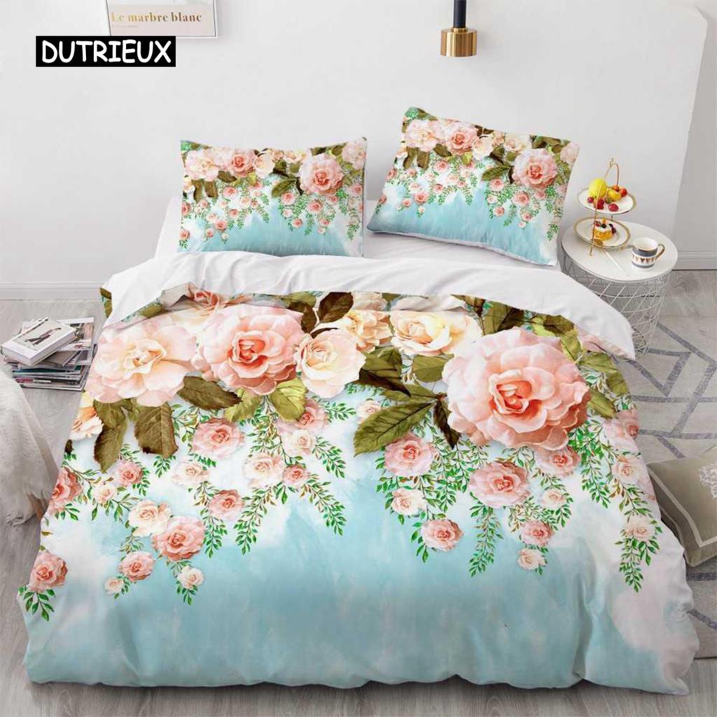 Flower Duvet Cover Set Microfiber Red Rose Bedding Set King Size Floral Print for Valentine's Day Mother's Day Soft Quilt Cover