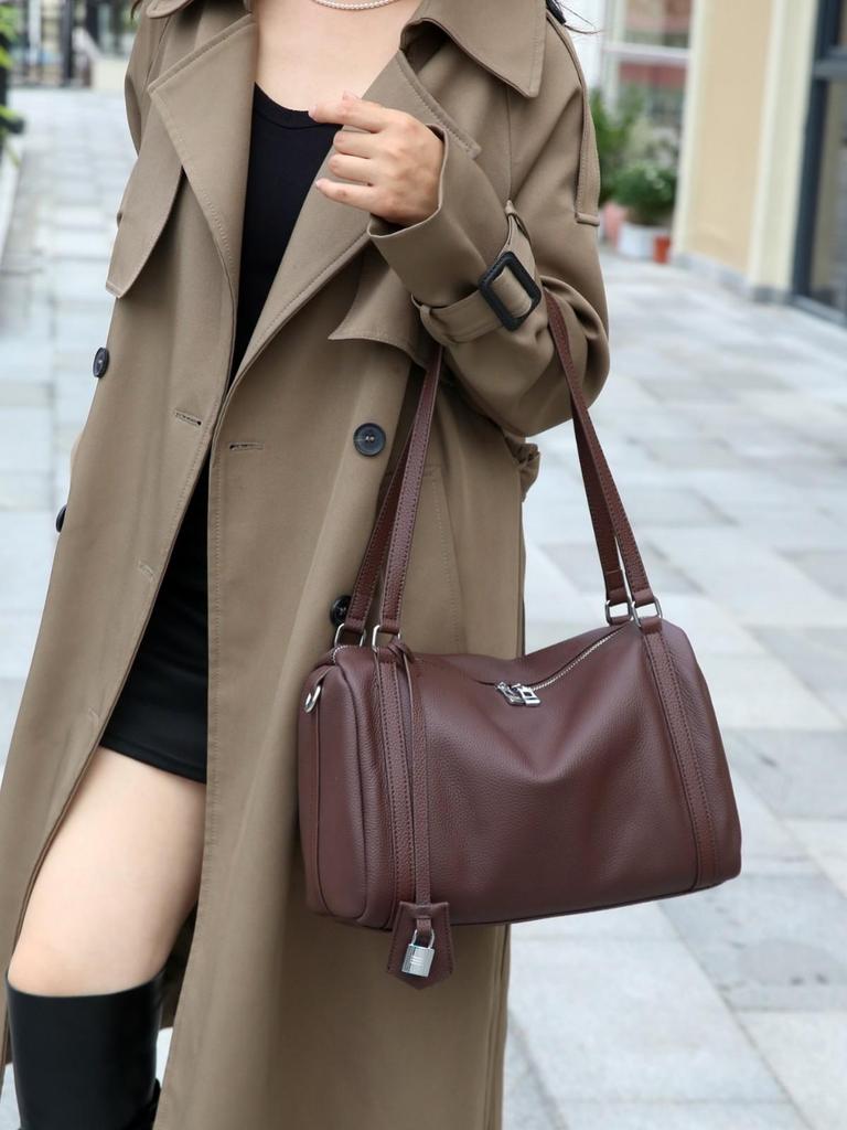 2025 Top Grain Cowhide Boston Handbag: Genuine Leather Crossbody Bag for Women, Lightweight with Large Capacity