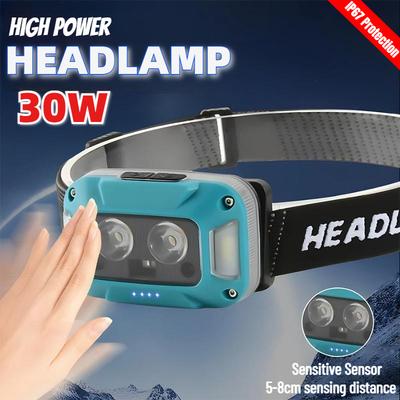 Zewnętrzna mocna lampa czołowa LED ładowalna lampa robocza lampka do noszenia na głowie czujnik rowerowy nocne wędkowanie bieganie światło ładowanie typu C