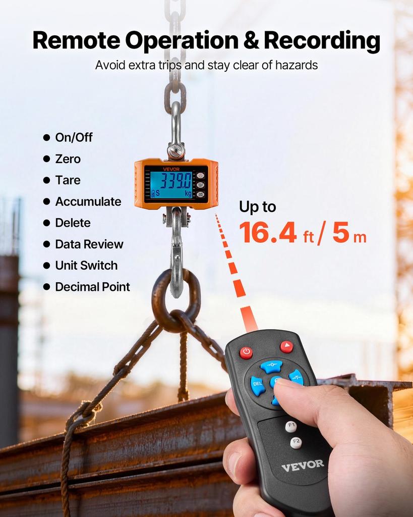 Digital Crane Scale, 4400 lbs/2000 kg Max Capacity, Heavy Duty Industrial Hanging Scale with Cast Aluminum Case & LCD Display, 500 g Division & 3 Unit
