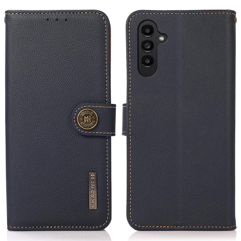 

KHAZNEH For Samsung Galaxy A15 4G Case Genuine Cow Leather RFID Blocking Phone Stand Cover Blue