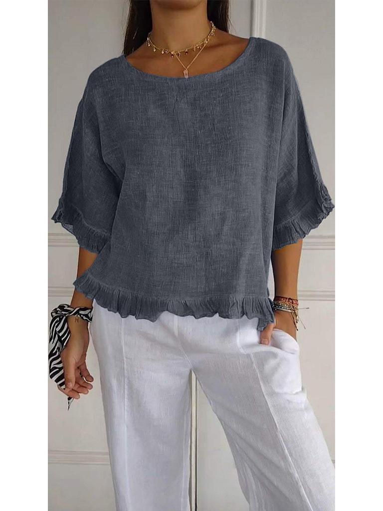 2025 Women's Loose Fit Short Sleeve Cotton Linen Shirt - Solid Color, Round Neck, European & American Style.