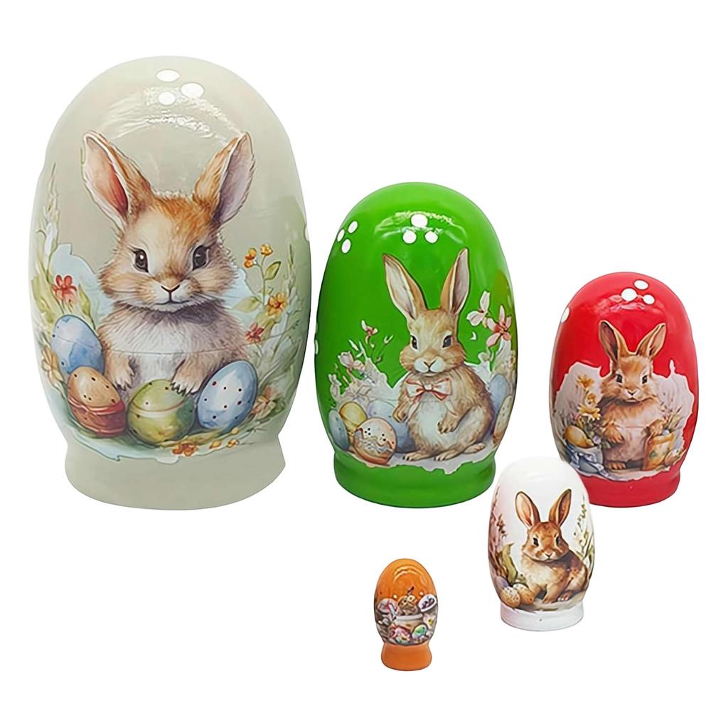 Nesting Dolls ,Handmade Wooden Bunny Nesting Dolls Set For Easter Birthday Gift Home Decoration ,Spring Themed Table Decorations ,Set Of 5 Figurines