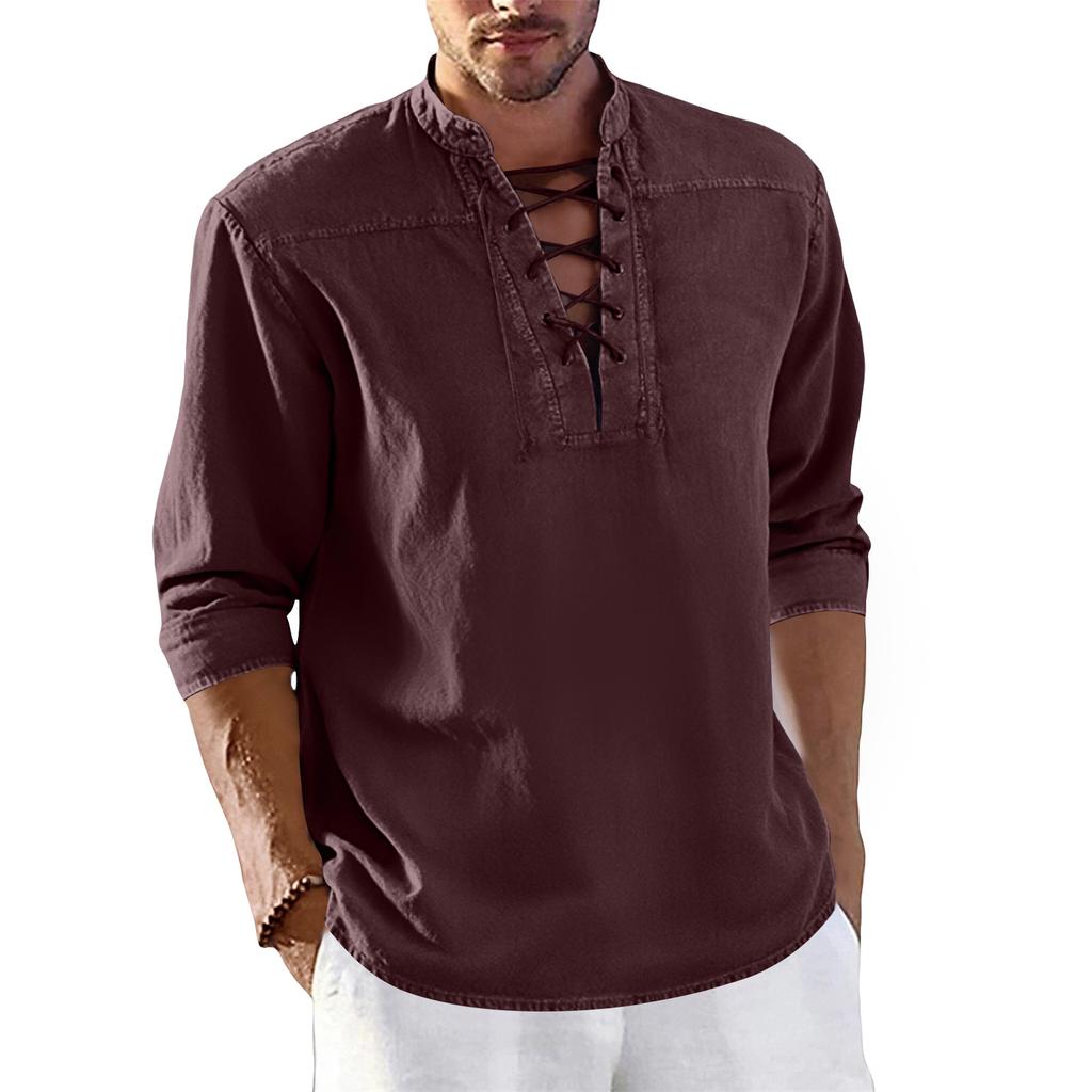 Men's Solid Color Vintage Laced Stand-Collar Loose Casual Shirt