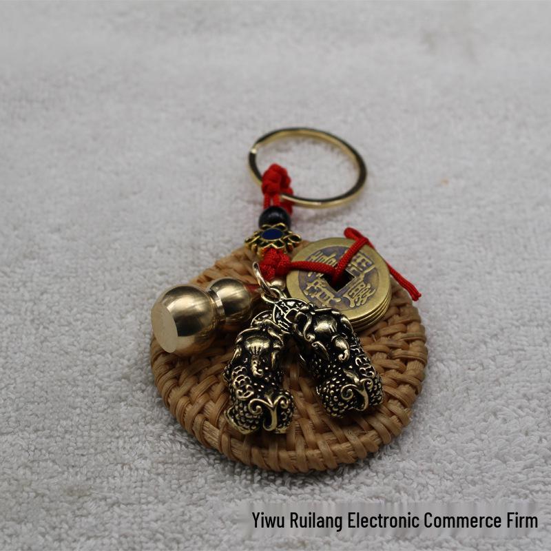 Vintage Brass Pixiu and Kirin Pendant Keychain for Men and Women