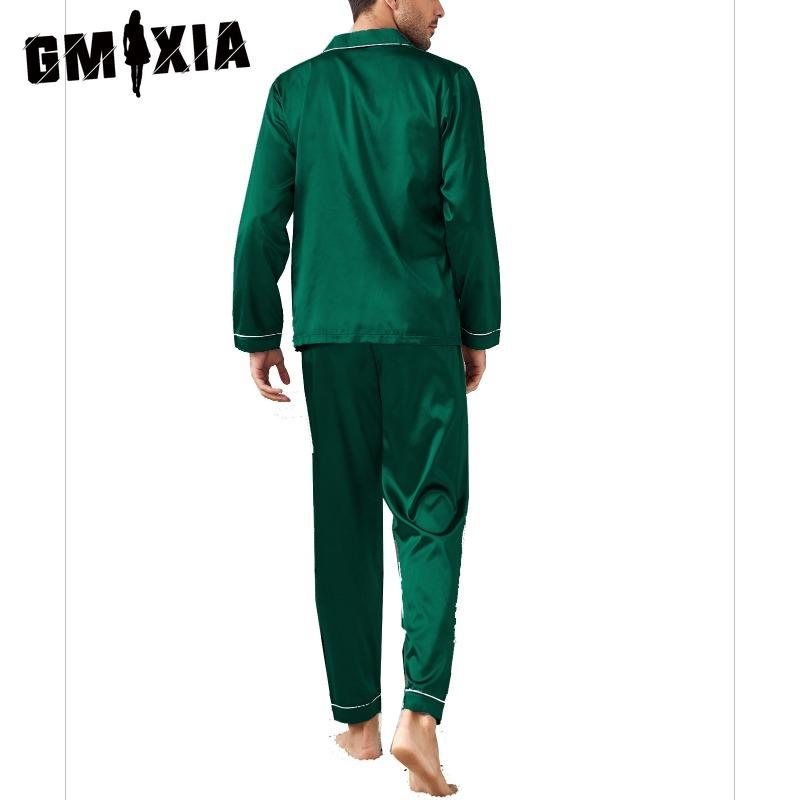 GMXIA Πολυτελής Ανδρική Φόρμα Σπιτιού Μακρυμάνικη Μακρύ Παντελόνι Σατέν Πιτζάμα Σετ Δύο Τεμαχίων