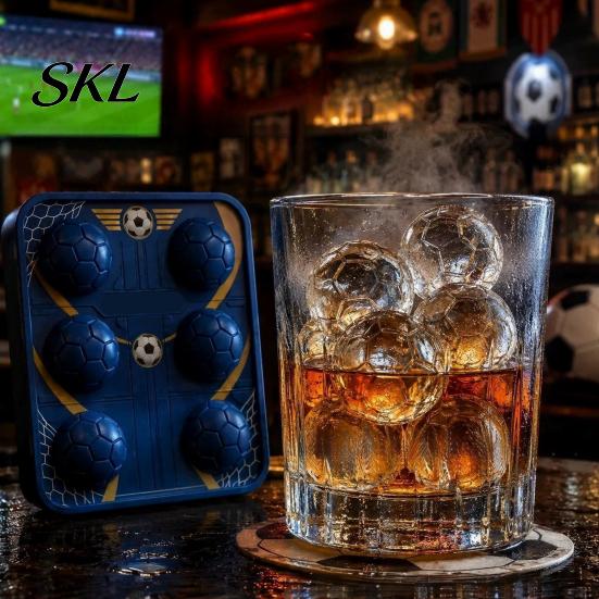 Reusable PET Ice Tray 3D Soccer Cube Mold, 6 Cavity Large Slow-Melting Sports-themed Tray, Novelty Ball for Whiskey Bourbon Cocktails Sports Cubes
