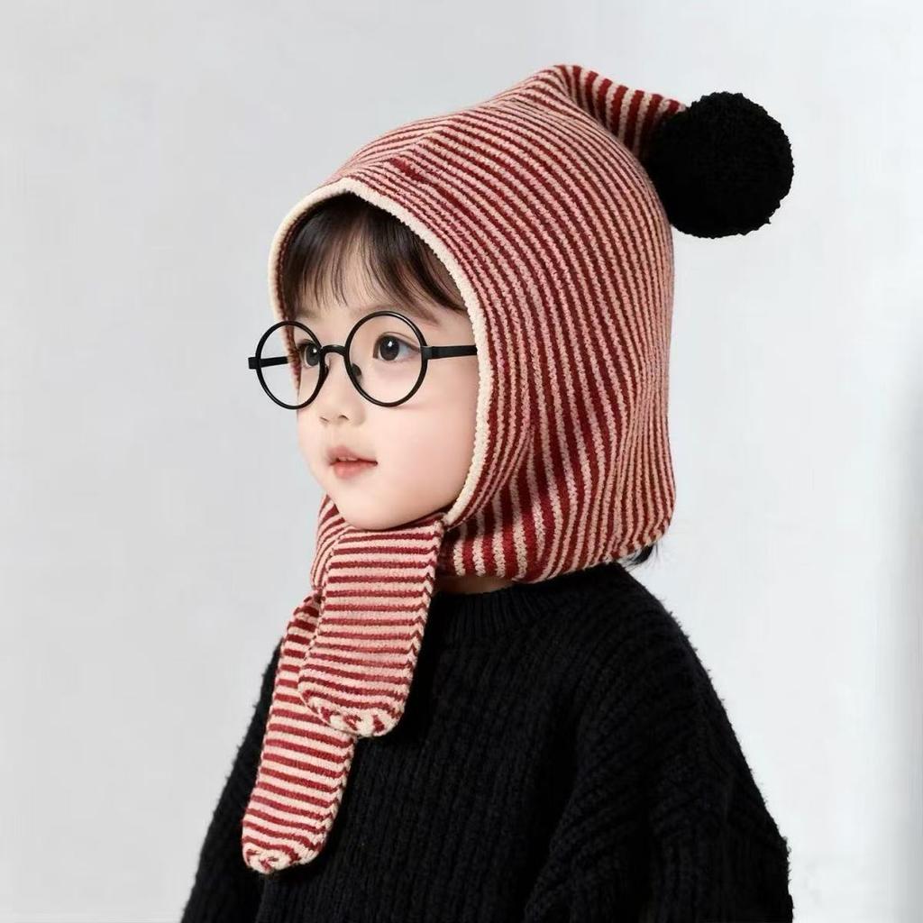 Children's winter hat and scarf 2-in-1 winter warm ear protection windproof knitted striped wool hat for boys and girls