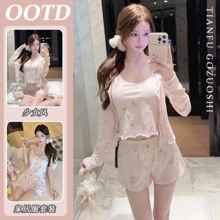 [High-quality imitation cotton] Korean cute printed cardigan pajamas women s spring new loungewear three-piece set can be worn outside M