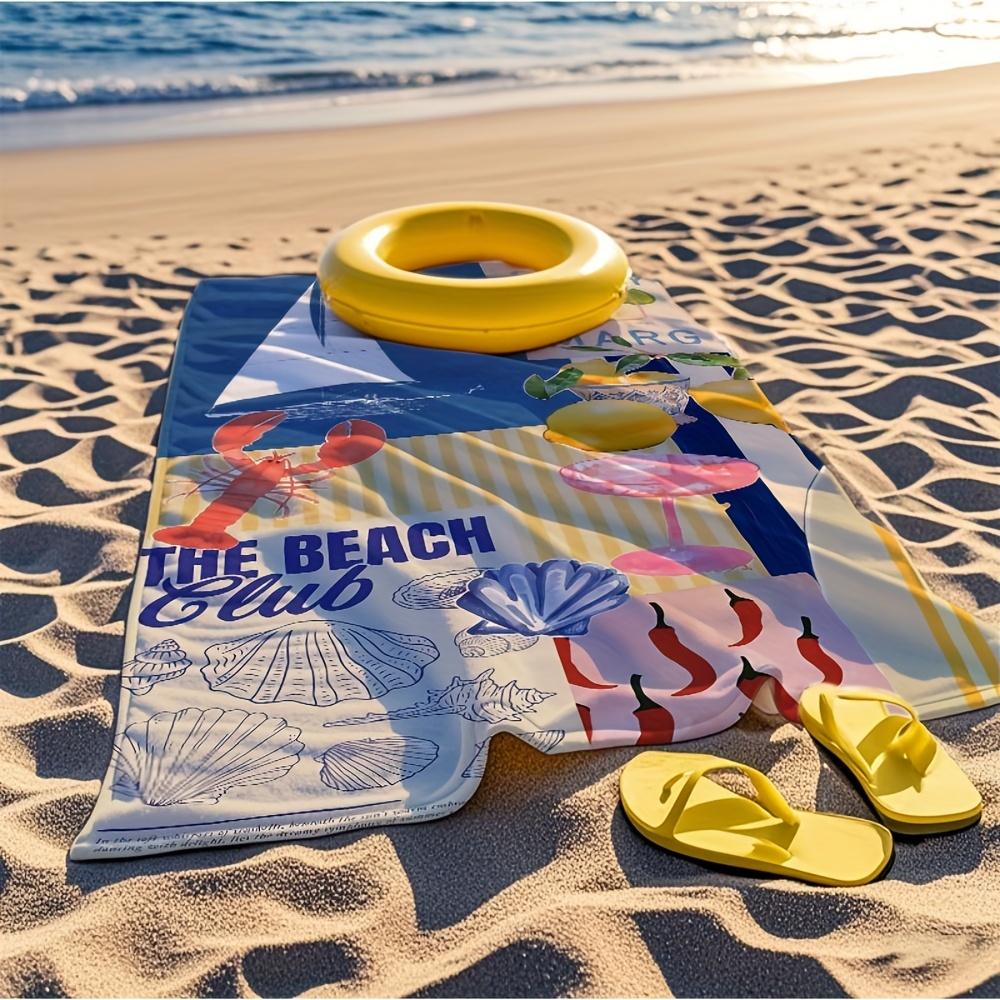 1pc Beach Towel - Windproof & Sun-Proof Ultra-Soft Microfiber with Vibrant Beach Club Design Boats, Cocktails, Lobster