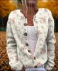 Women's Loose Fit 3D Print Round Neck Long Sleeve Cardigan Sweater