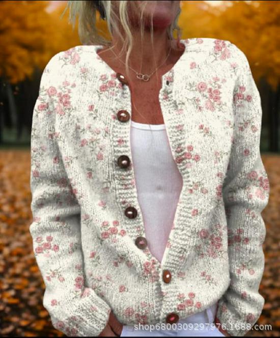 Women's Loose Fit 3D Print Round Neck Long Sleeve Cardigan Sweater