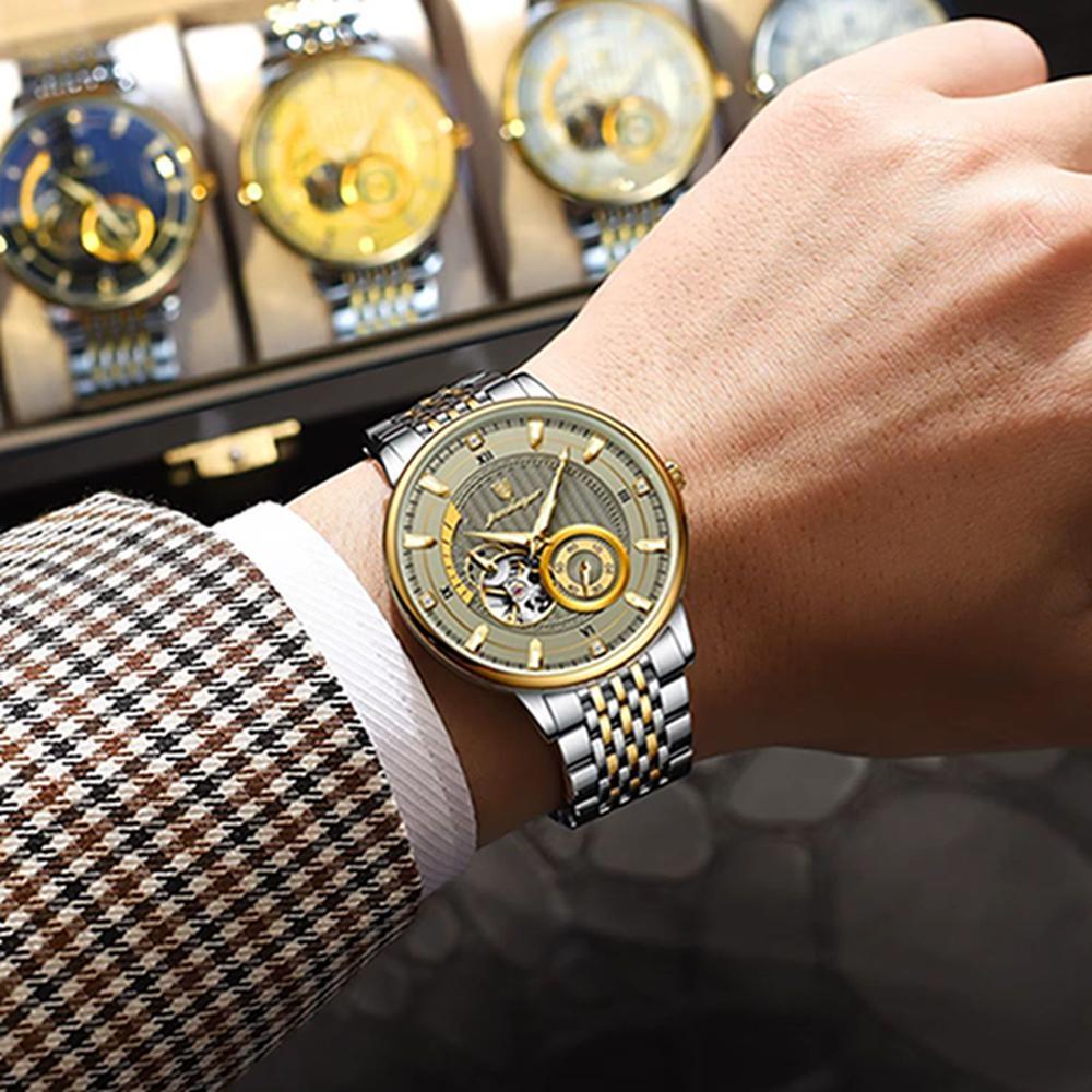 POEDAGAR Moda İş Erkek Saati Su Geçirmez Aydınlık Oyuklu Tourbillon Erkek Saat Otomatik Mekanik Saatler