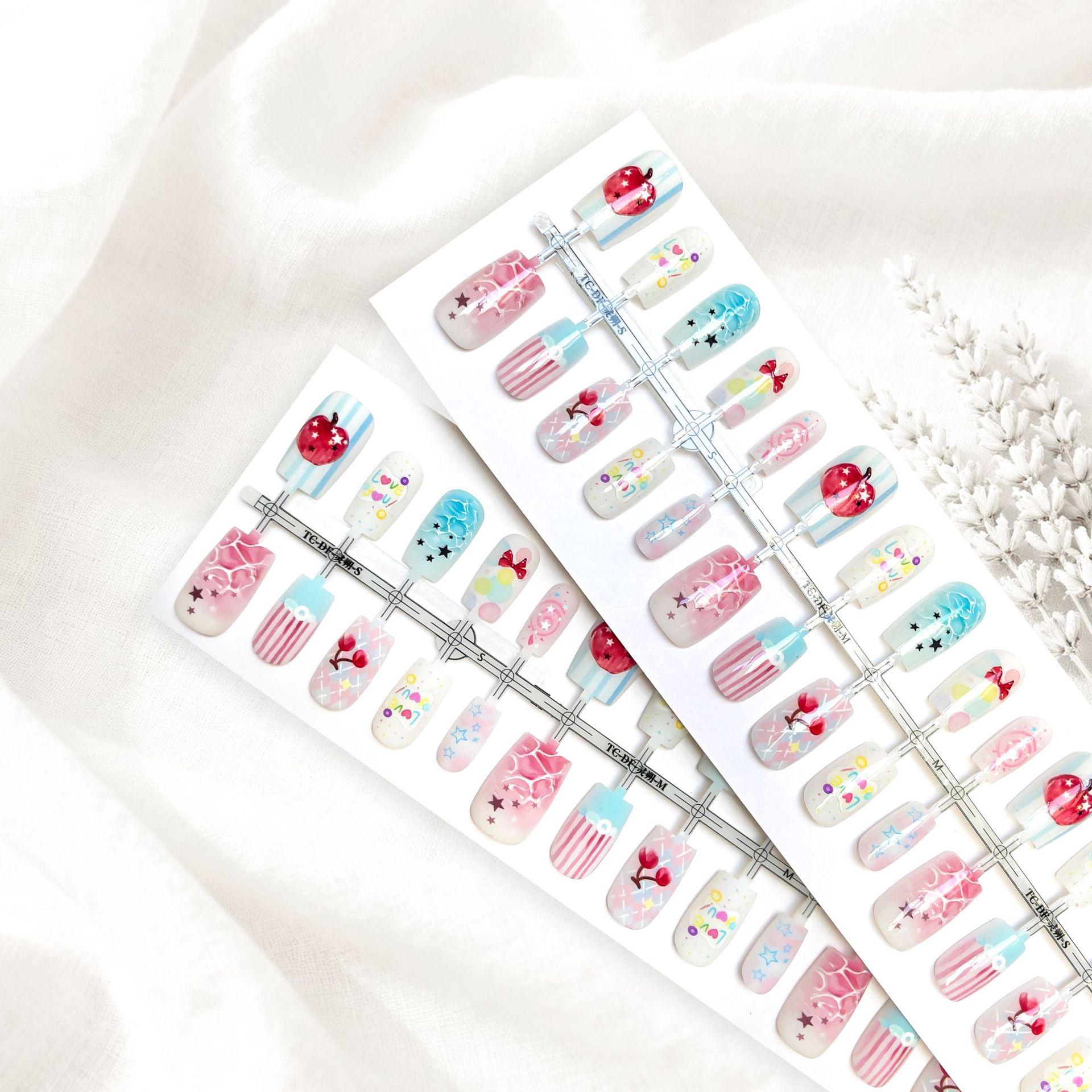 Cherry Wine Red Cartoon Wearable Nails - Short Square Fake Nail Tips Glossy Top Coat (4 sets per strip/SMSXS)