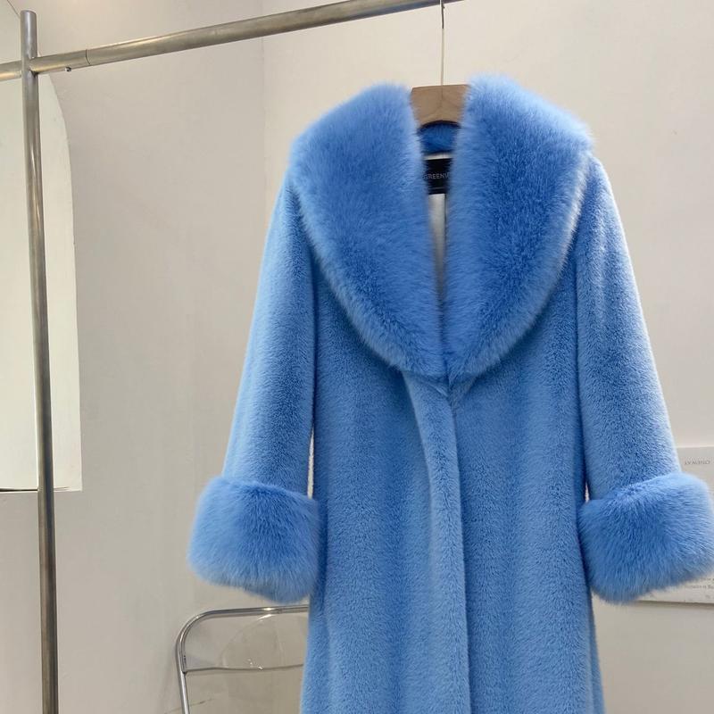 

Шуба из норки, женская шуба из норки в иностранном стиле, длинная шуба из норки, воротник из искусственного лисьего меха, увеличенный с дополнительным жиром XXXXXXL