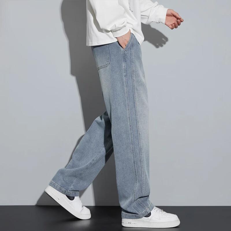 PLAYBOY Men's Denim Jeans Spring Autumn Loose Straight Leg American Style Drawstring Casual Pants Vintage Blue XL