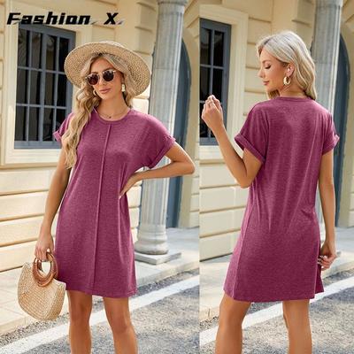 2024 Spring and Summer New Round Neck Solid Color Short Sleeve Loose Dress Women