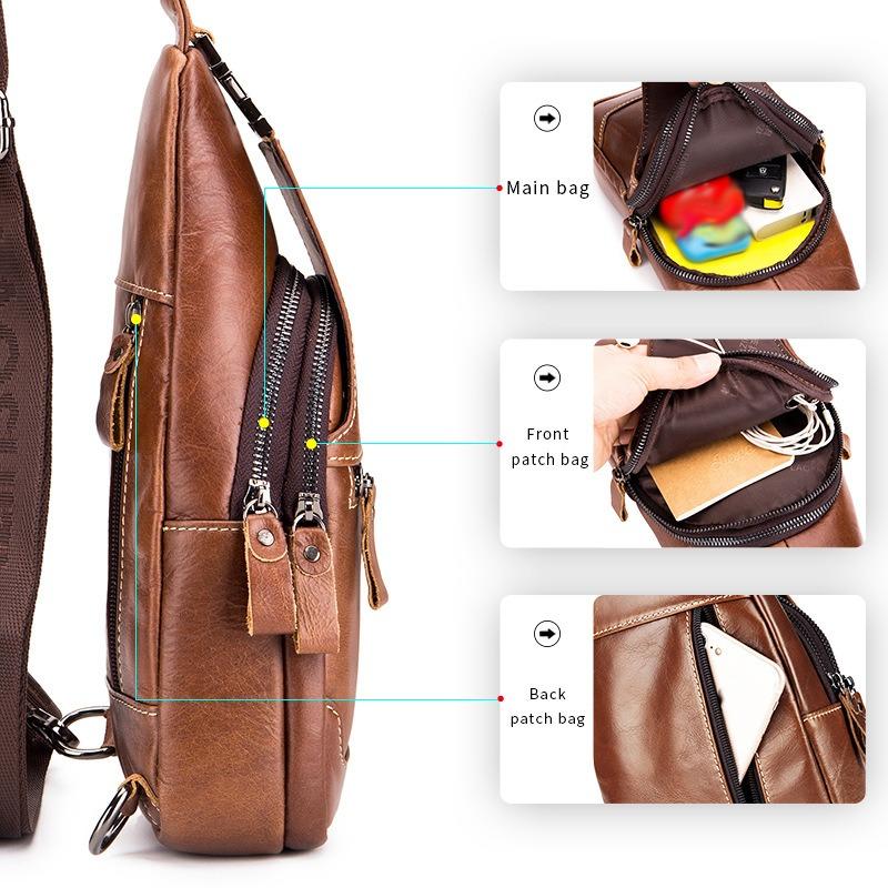 STEEL LION Men's Genuine Leather Breast Bag, First-layer Cowhide Chest Bag, Retro Casual Style Shoulder Bag.