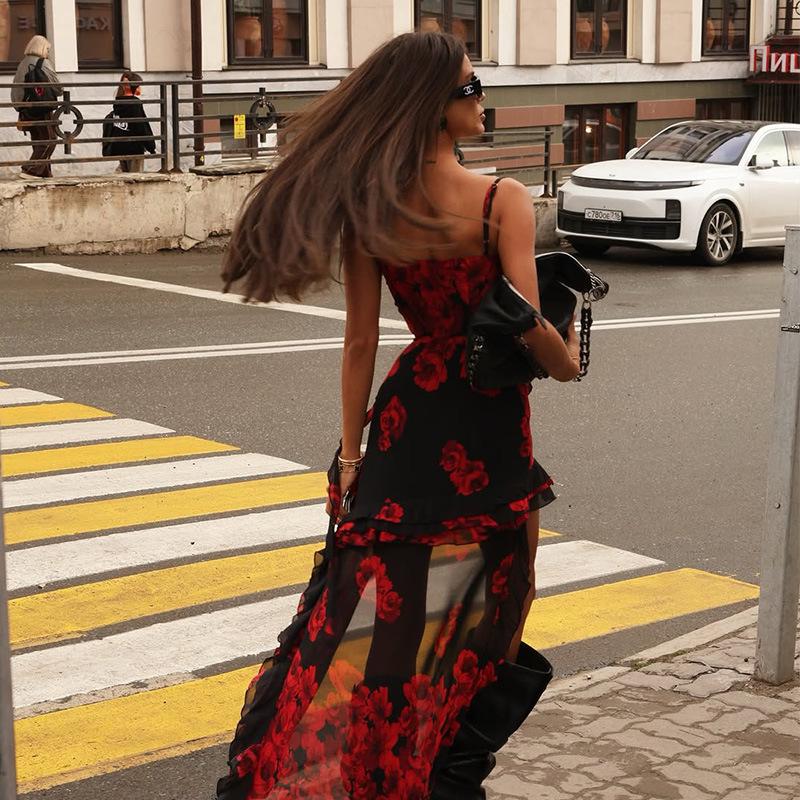 2025 Sommer Damen Sexy Print Spitze Sling Unregelmäßiges Slim Fit Schleppenkleid