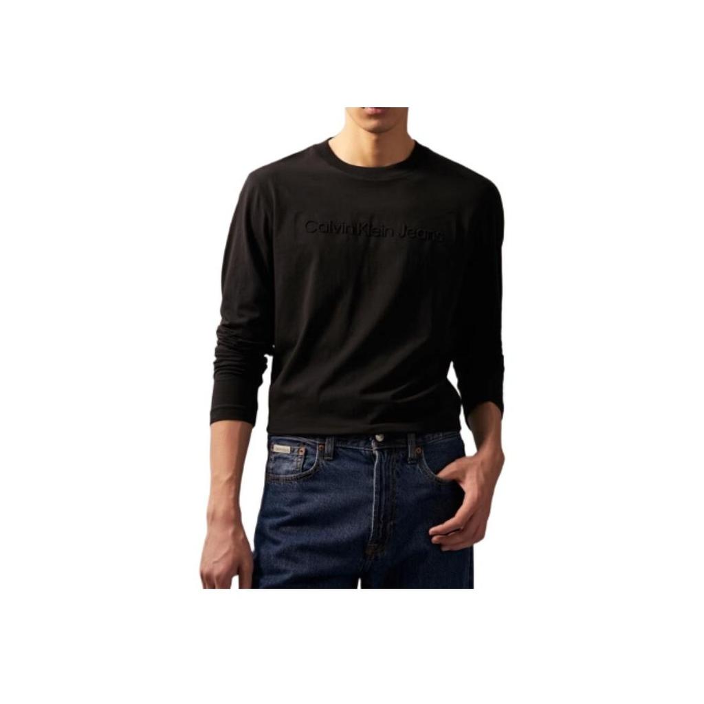 Calvin Klein Solid Color Casual Embossed Letter Crew Neck Long Sleeve T-Shirt Men Tops Space-Black J326899-BEH