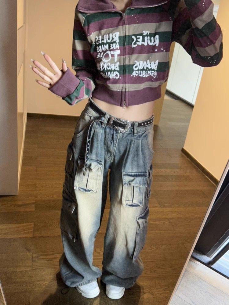 Harajuku 90. léta Y2k Vintage Baggy Jeans Ženy Grunge Prané Více kapes Džínové Cargo Kalhoty Nízký růst Ležérní široké kalhoty